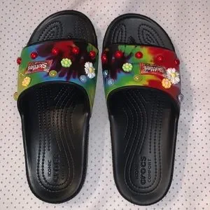 CROCS Black Slide Sandals with Colorful Charms Crocs Slides Sandals Sz M8/W10 Black Tie Dye | eBay main image 3